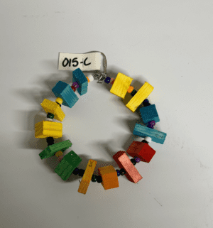 Colorful wooden blocks on a metal ring.